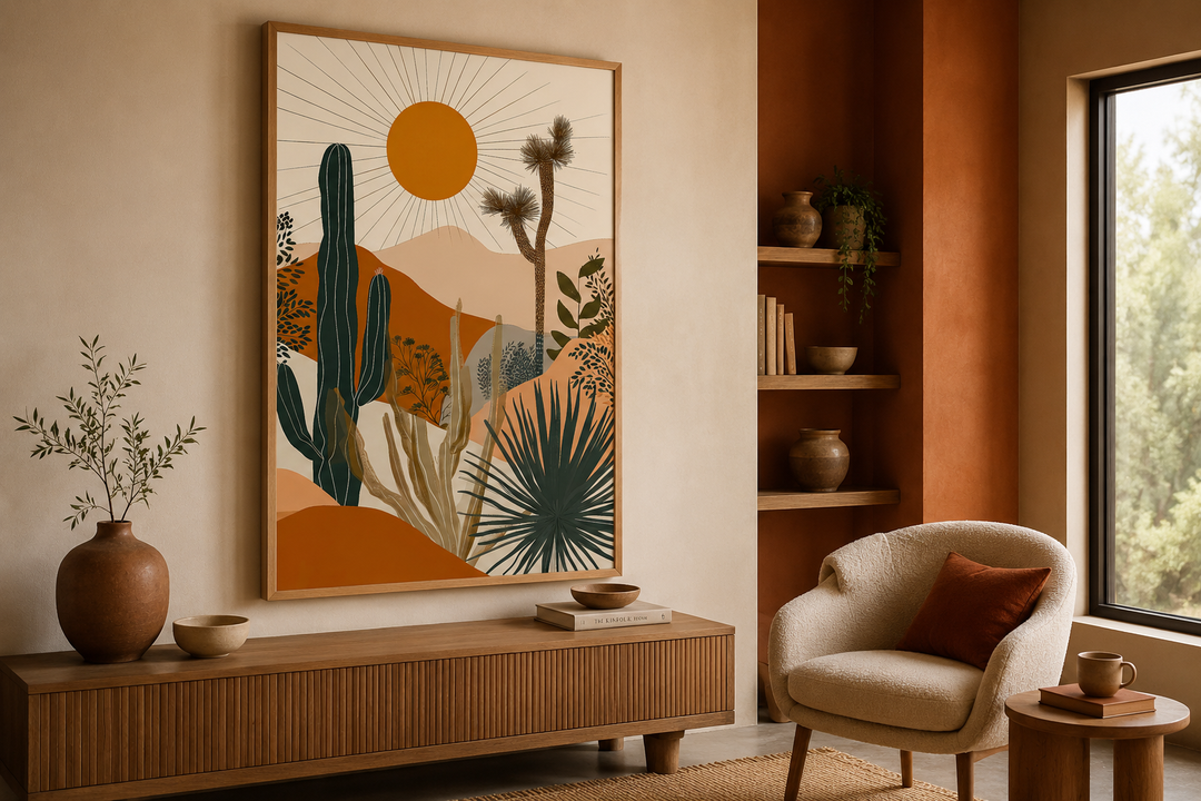 Boho framed canvas wall art featuring a saguaro cactus and sun in a desert landscape.