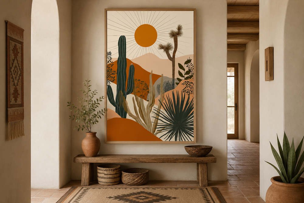 Boho saguaro cactus and sun desert landscape framed canvas wall art in a neutral entryway.