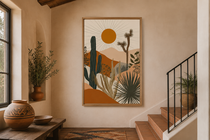 Boho saguaro cactus and sun desert landscape framed canvas wall art in a warm entryway.