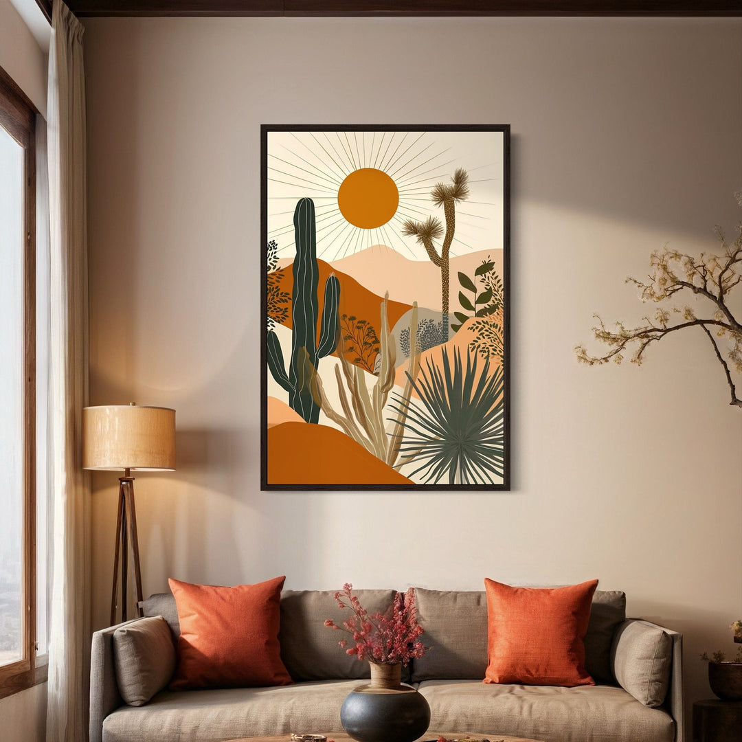 Boho saguaro cactus and sun desert landscape framed canvas wall art above a sofa.
