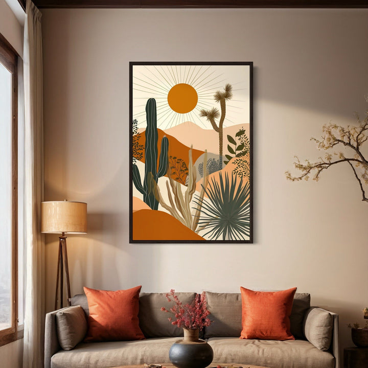 Boho saguaro cactus and sun desert landscape framed canvas wall art above a sofa.