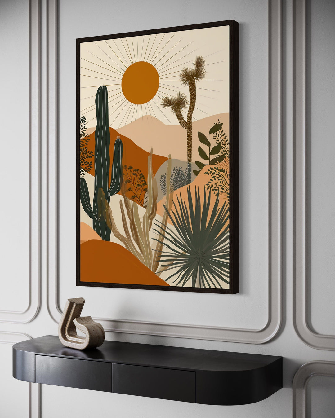 Boho saguaro cactus and sun desert landscape framed canvas wall art above a black console table.