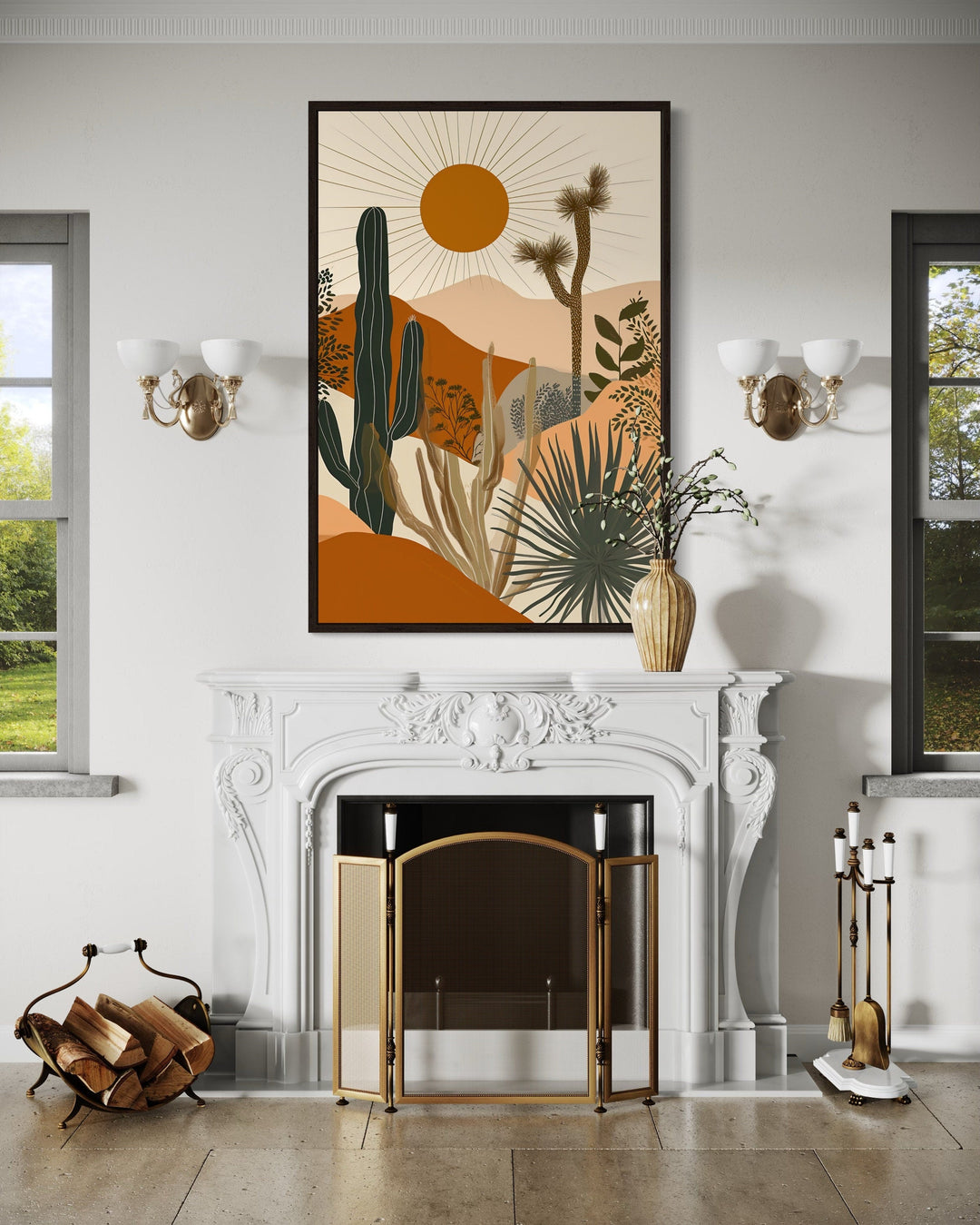 Boho saguaro cactus and sun desert landscape framed canvas wall art above a white fireplace.