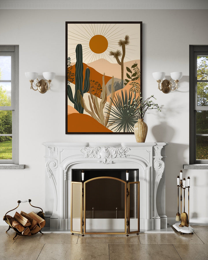 Boho saguaro cactus and sun desert landscape framed canvas wall art above a white fireplace.