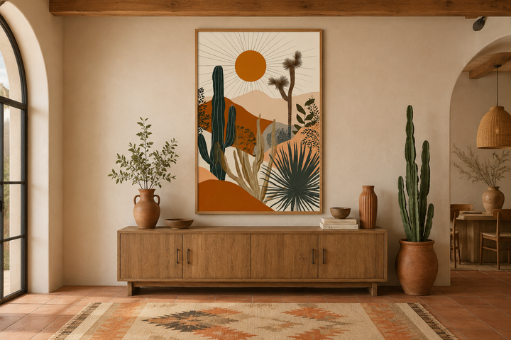Boho framed canvas wall art featuring saguaro cacti and a sun over desert hills in earthy tones.