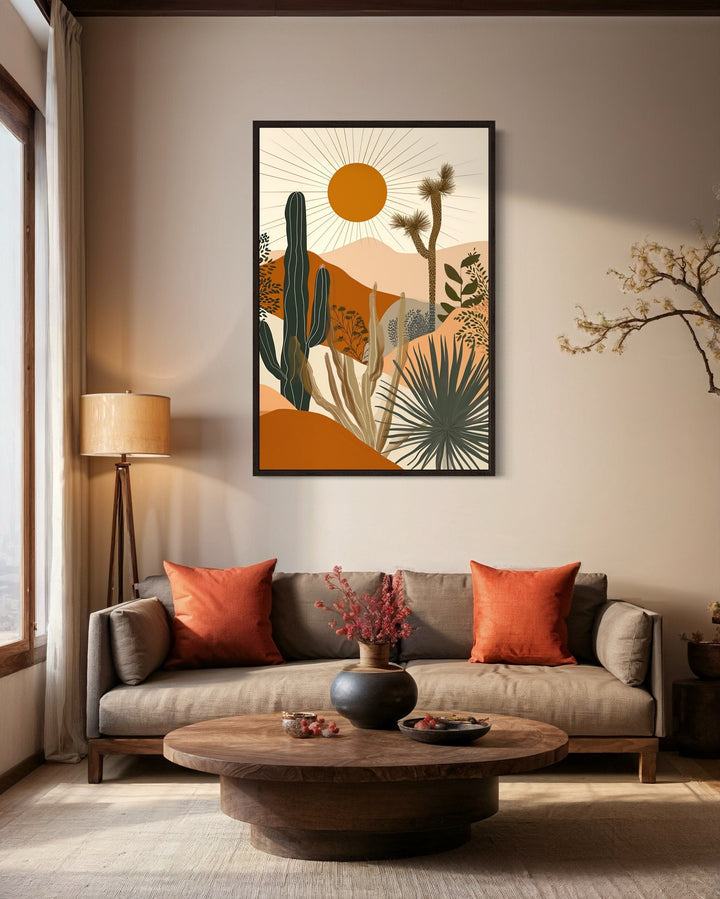 Boho Saguaro Cactus With Sun In The Desert Framed Canvas Wall Art