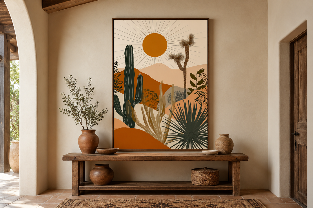 Boho saguaro cactus and sun desert landscape framed canvas wall art above a rustic wooden bench.