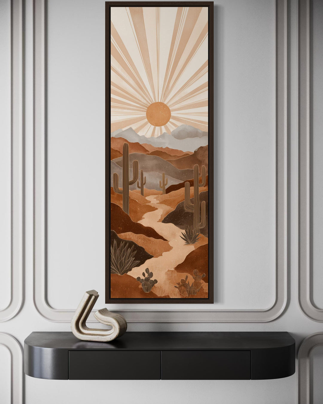 Tall narrow canvas art featuring a boho desert landscape with saguaro cacti and a radiating sun.