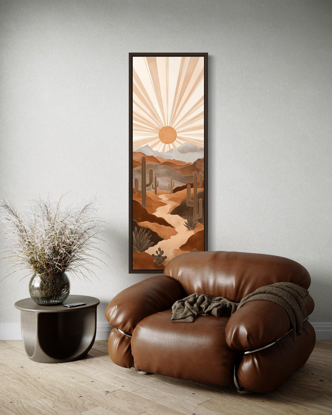 Tall narrow canvas art of a boho desert landscape with saguaro cacti and a radiating sun.