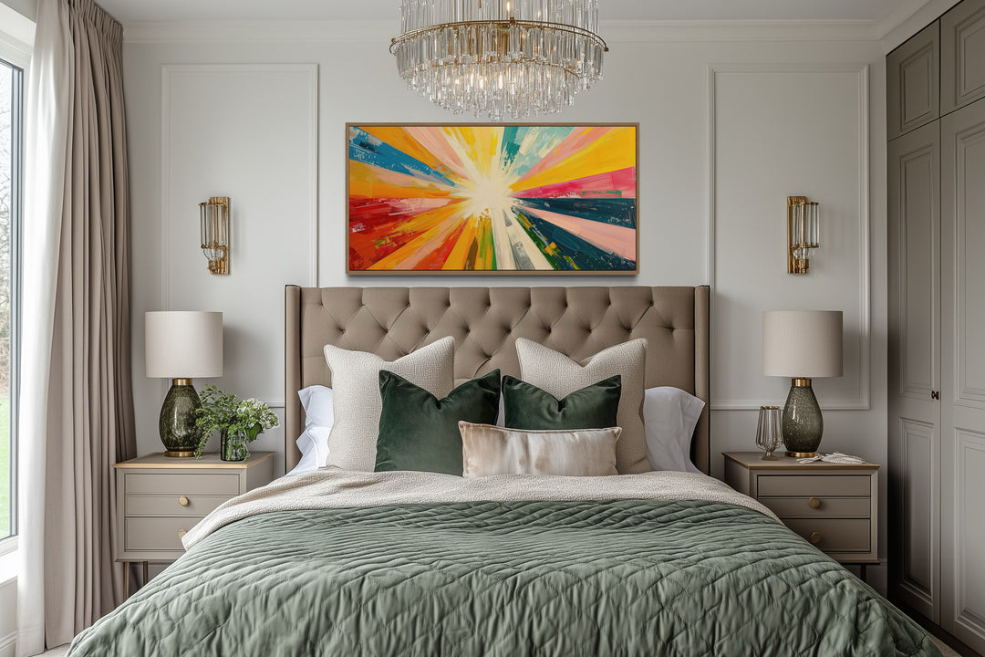 Boho Sun Rays Wall Art - Multicolored Framed Canvas Print for Living Room Decor