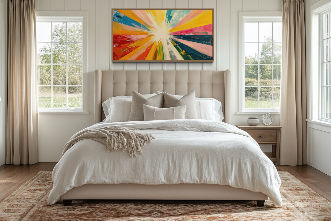 Boho Sun Rays Wall Art - Multicolored Framed Canvas Print for Living Room Decor