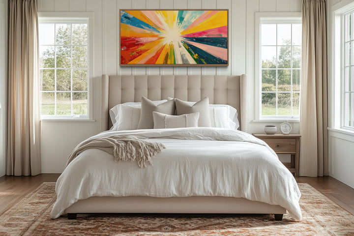 Boho Sun Rays Wall Art - Multicolored Framed Canvas Print for Living Room Decor