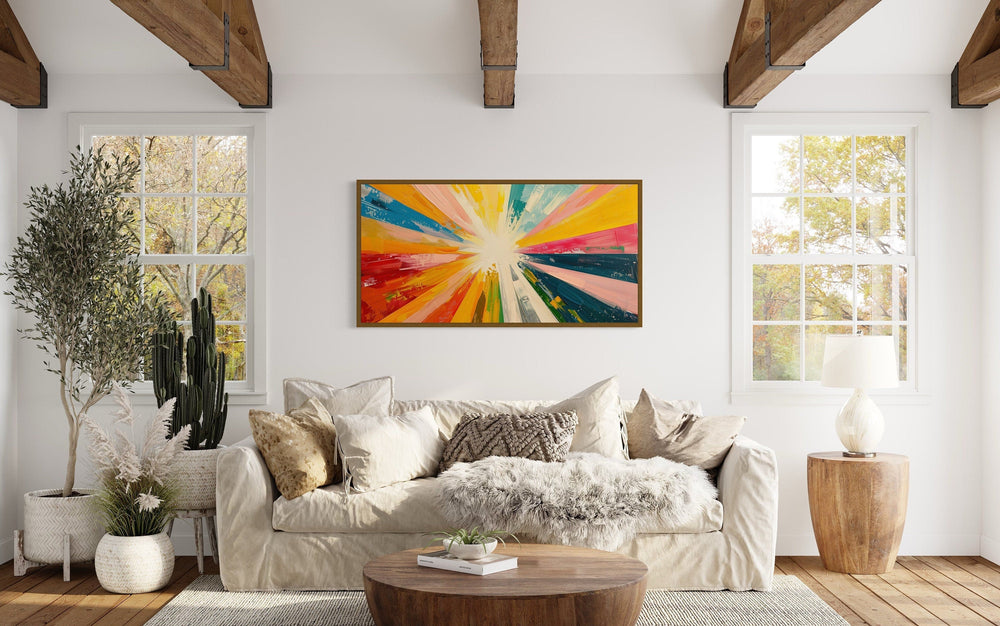 Boho Sun Rays Wall Art - Multicolored Framed Canvas Print for Living Room Decor