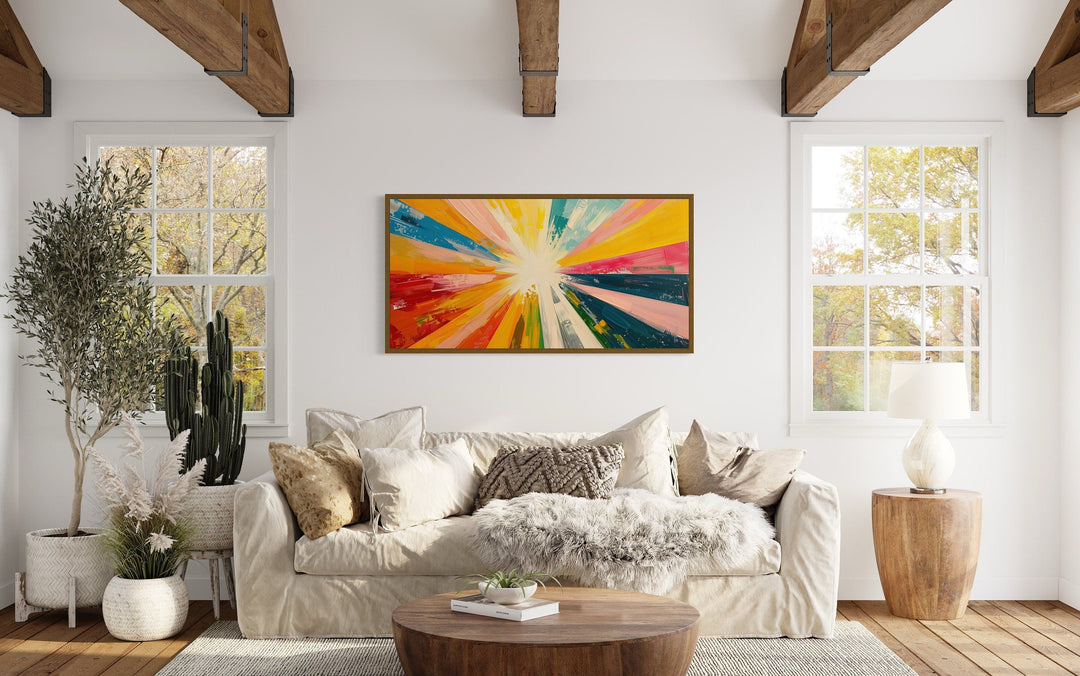 Boho Sun Rays Wall Art - Multicolored Framed Canvas Print for Living Room Decor