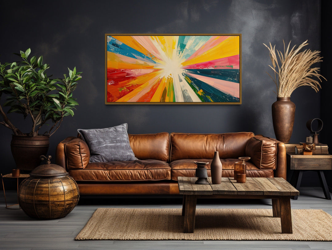 Boho Sun Rays Wall Art - Multicolored Framed Canvas Print for Living Room Decor