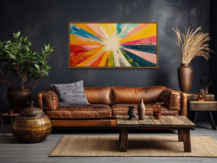 Boho Sun Rays Wall Art - Multicolored Framed Canvas Print for Living Room Decor