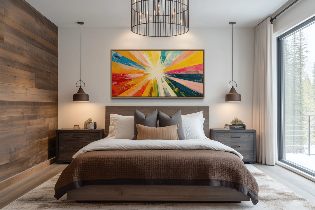 Boho Sun Rays Wall Art - Multicolored Framed Canvas Print for Living Room Decor