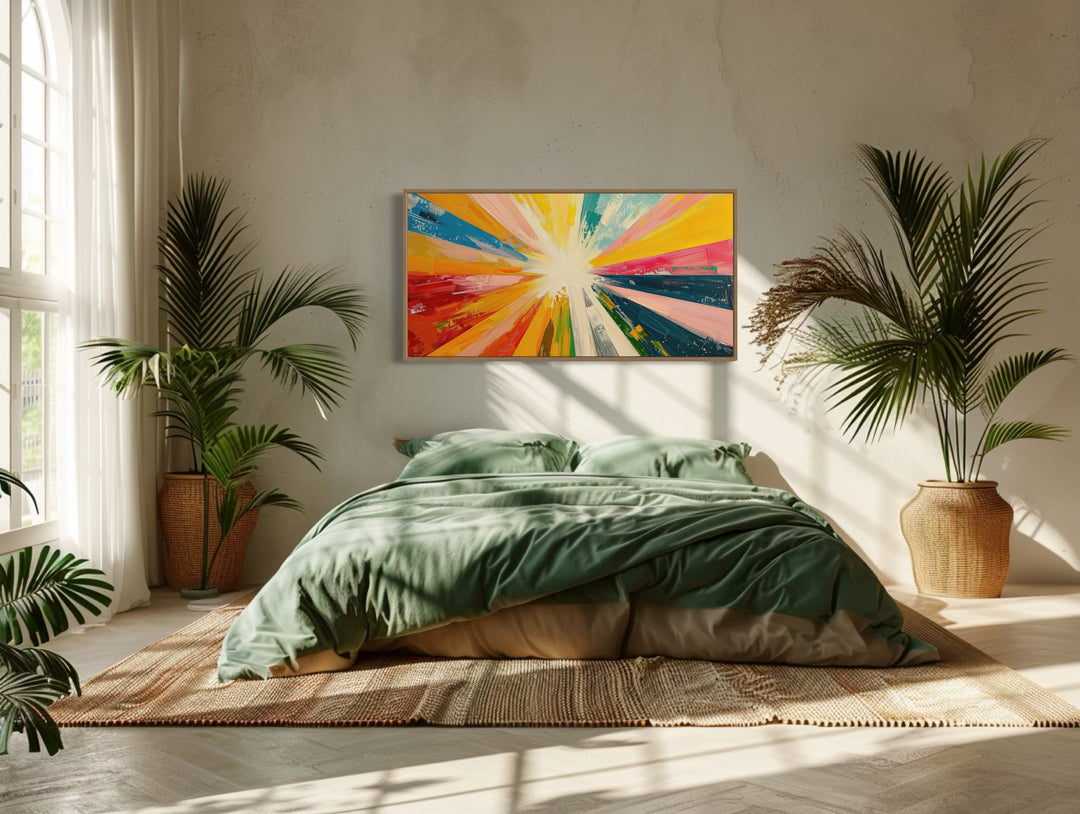 Boho Sun Rays Wall Art - Multicolored Framed Canvas Print for Living Room Decor
