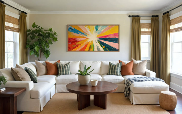 Boho Sun Rays Wall Art - Multicolored Framed Canvas Print for Living Room Decor