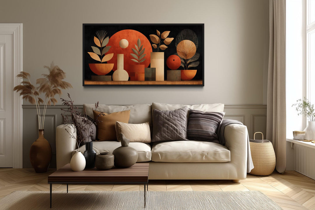 Boho Terracotta Wall Art - Abstract Canvas Print with Vases and Leaves for Neutral Decor