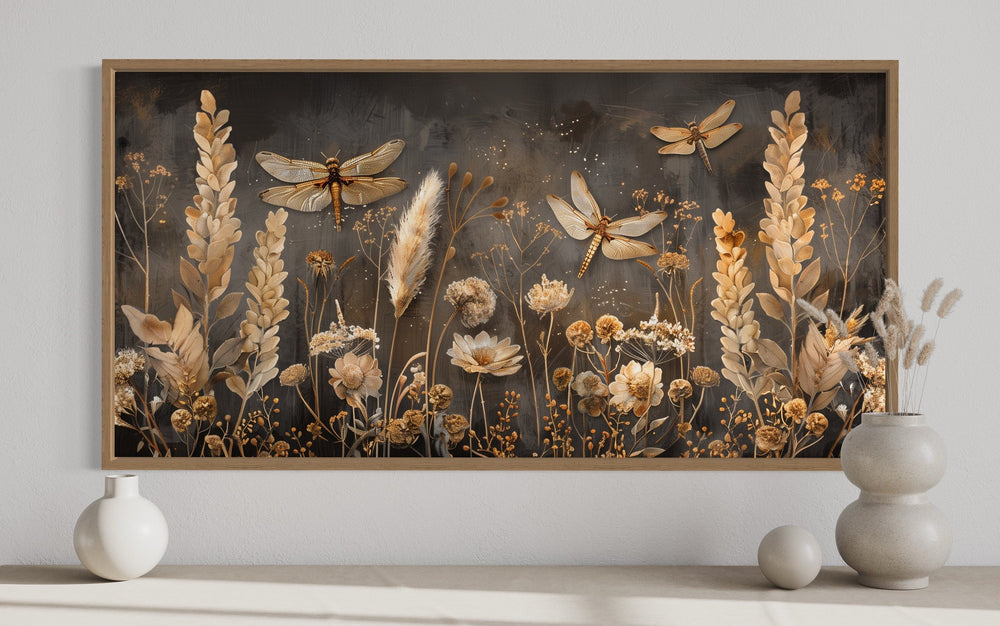 Boho Wall Art - Brown Beige Framed Canvas With Dragonfly Grass - Rustic Farmhouse Decor