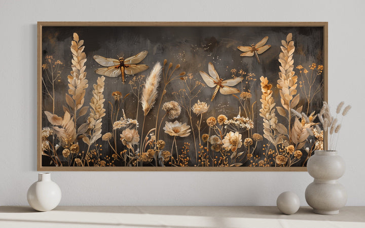 Boho Wall Art - Brown Beige Framed Canvas With Dragonfly Grass - Rustic Farmhouse Decor