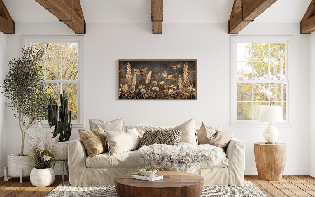 Boho Wall Art - Brown Beige Framed Canvas With Dragonfly Grass - Rustic Farmhouse Decor