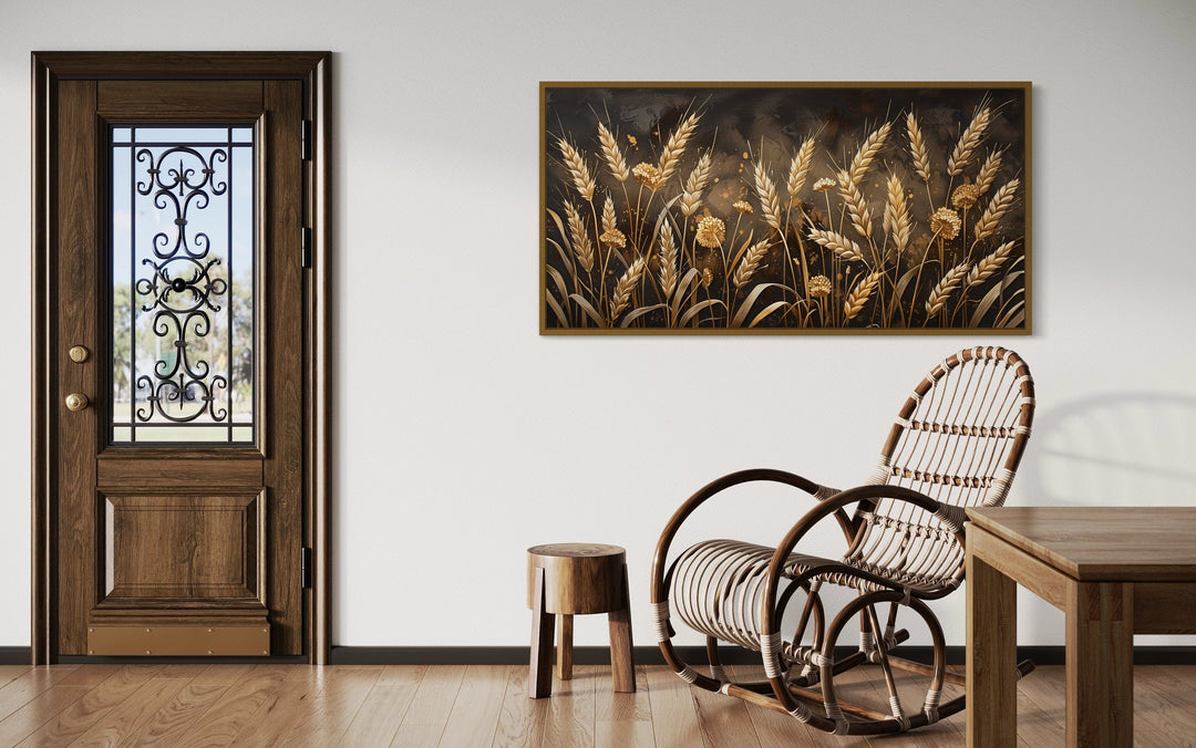 Boho wheat field framed canvas print in a rustic brown and beige living room setting.