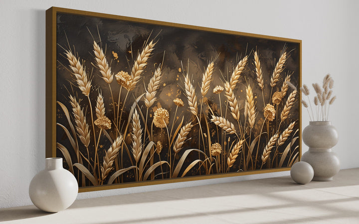 Framed canvas print of a golden wheat field in rustic brown and beige tones for boho home decor.