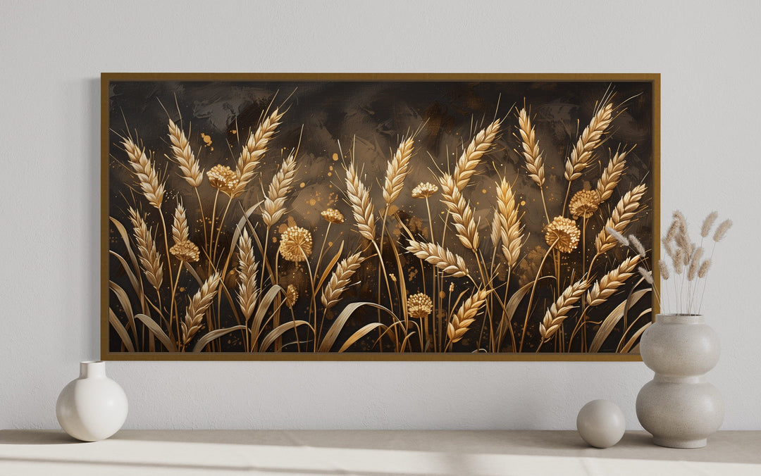 Framed horizontal canvas print of a golden wheat field in rustic brown and beige tones.