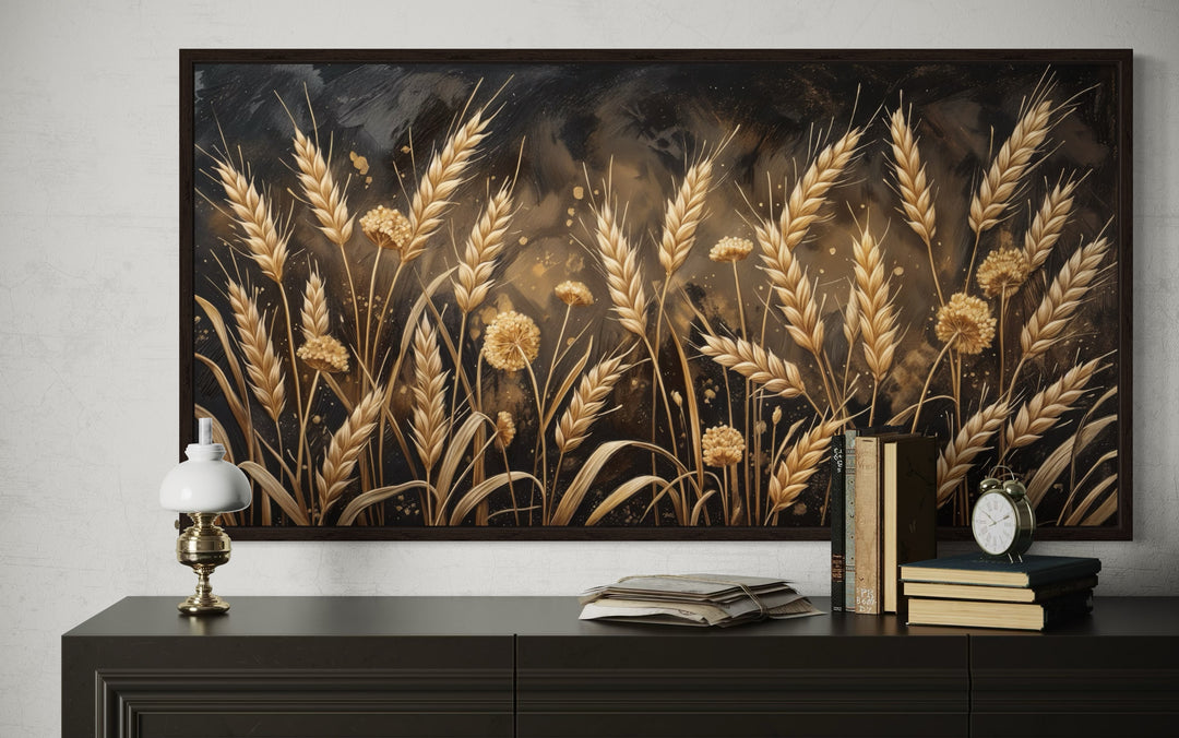 Framed horizontal canvas print of a boho wheat field in rustic brown and beige tones.