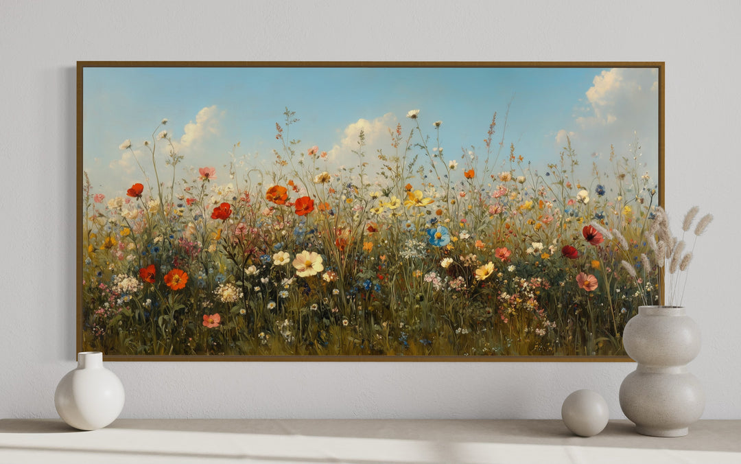 Boho Wildflowers Canvas Large Framed Art – Rustic Farmhouse Floral Wall Decor