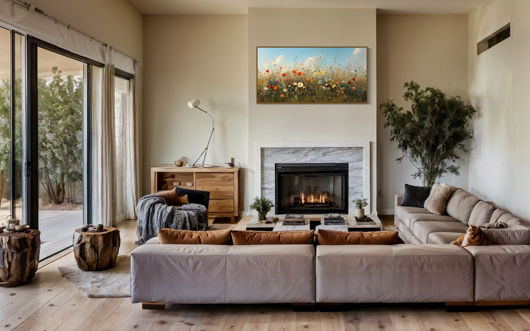 Boho Wildflowers Canvas Large Framed Art – Rustic Farmhouse Floral Wall Decor