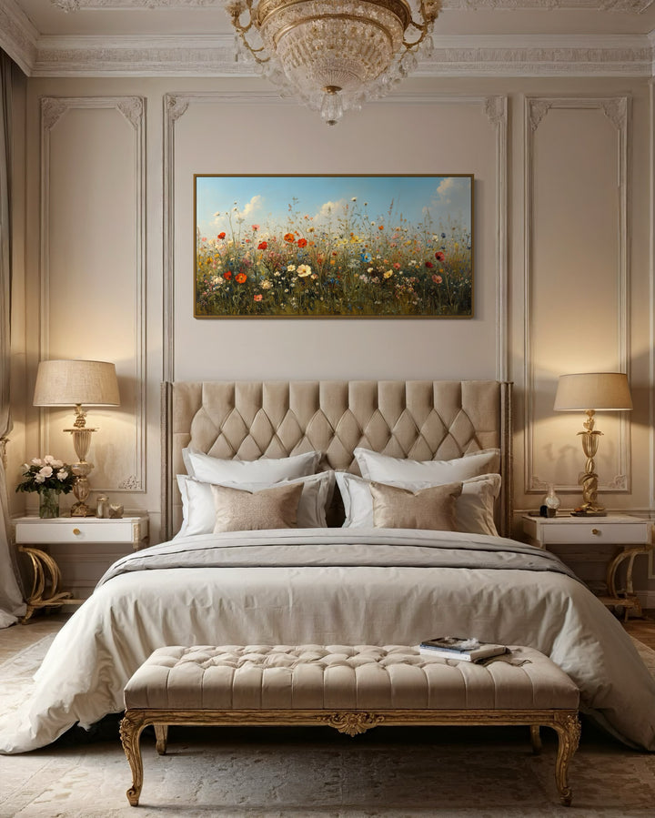 Boho Wildflowers Canvas Large Framed Art – Rustic Farmhouse Floral Wall Decor