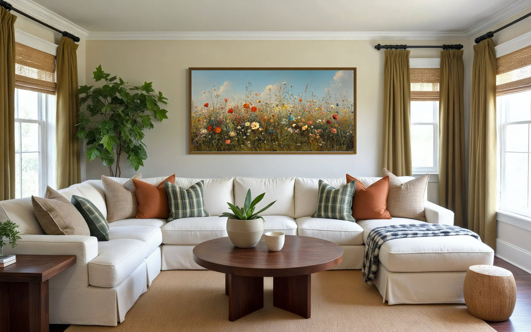 Boho Wildflowers Canvas Large Framed Art – Rustic Farmhouse Floral Wall Decor