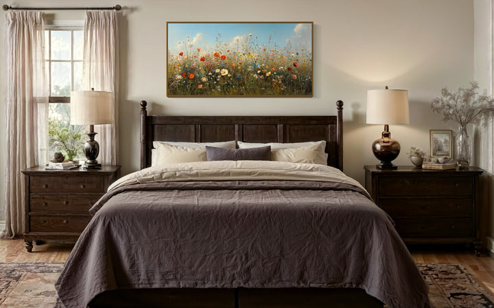 Boho Wildflowers Canvas Large Framed Art – Rustic Farmhouse Floral Wall Decor