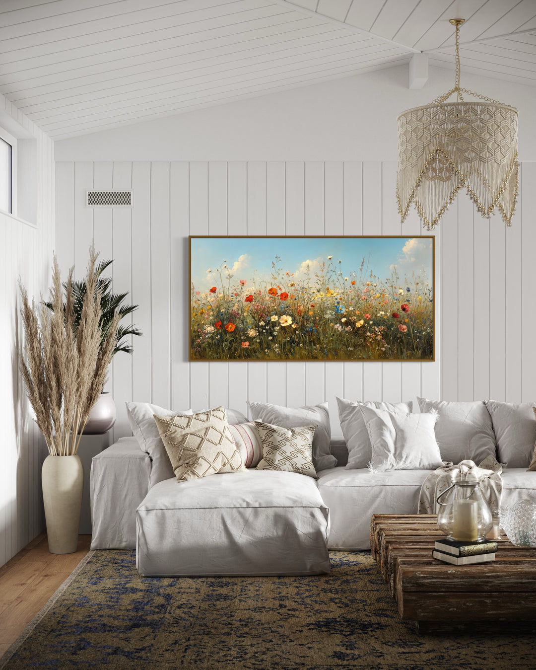 Boho Wildflowers Canvas Large Framed Art – Rustic Farmhouse Floral Wall Decor