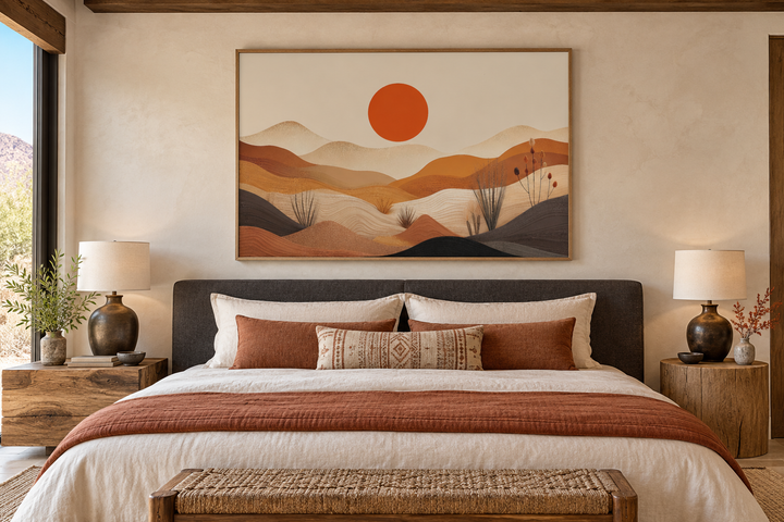 Arizona desert boho landscape canvas wall art with a sun and rolling hills in a bedroom setting.