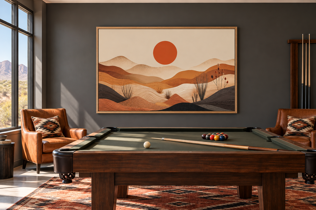 Arizona desert boho landscape canvas wall art in an oak frame above a pool table.