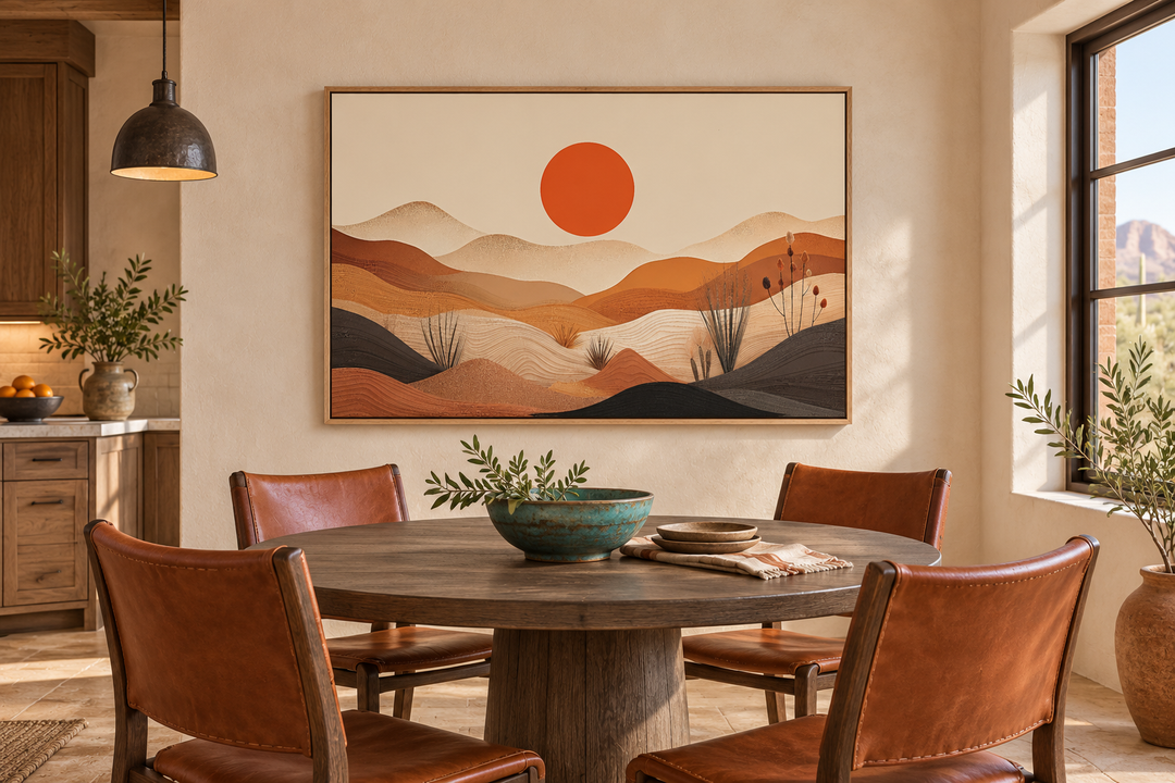 Arizona desert boho landscape canvas wall art in a wooden frame above a dining table.