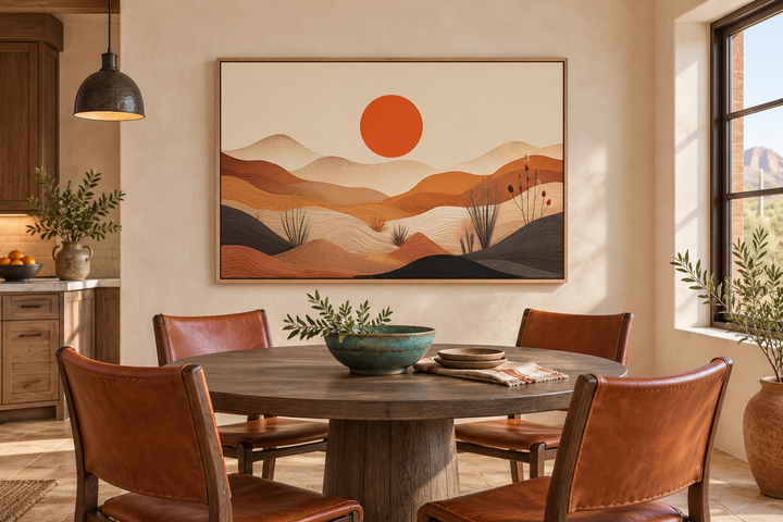 Arizona desert boho landscape canvas wall art in a wooden frame above a dining table.