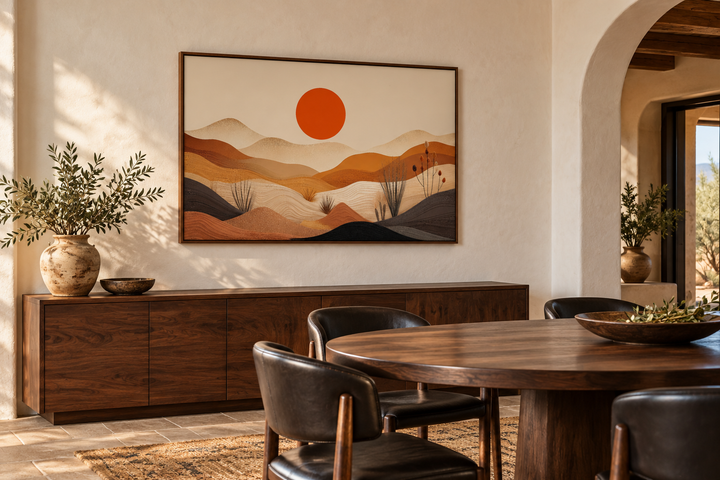Arizona desert boho landscape canvas wall art with a sun and hills in a modern dining room.