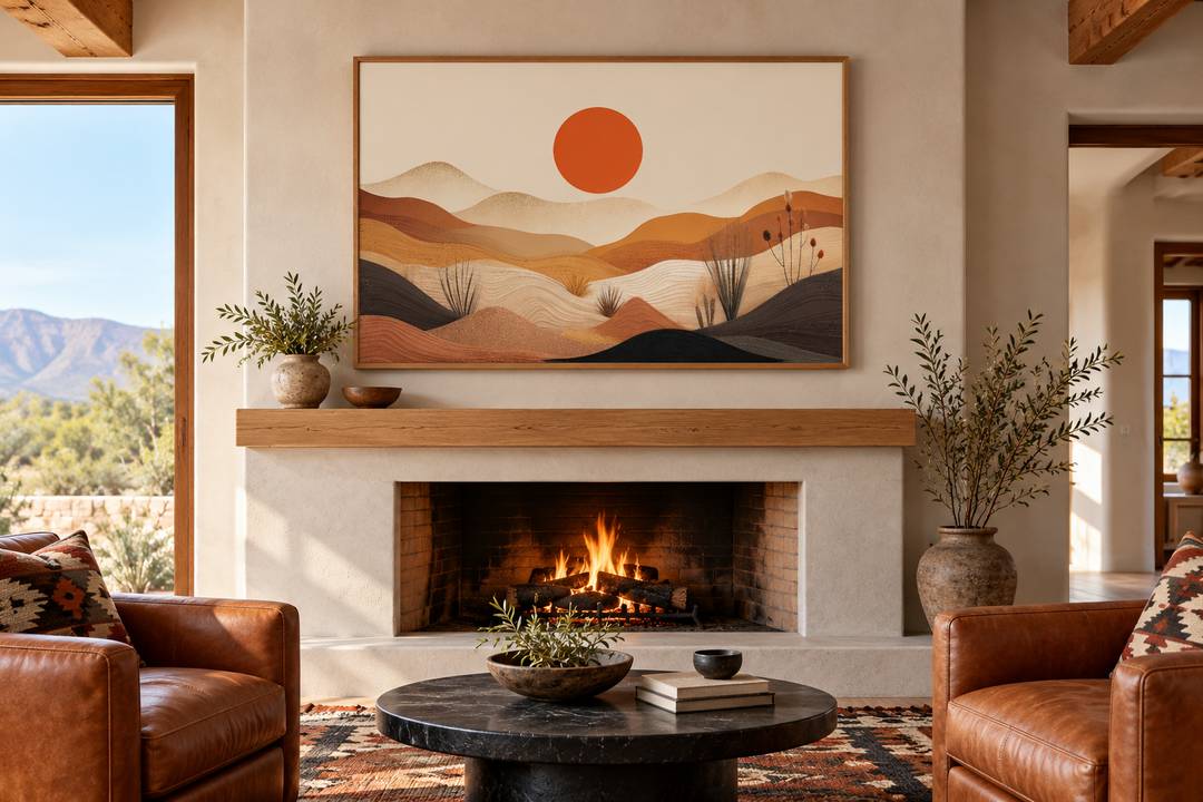 Arizona desert boho landscape canvas wall art in an oak frame above a fireplace in a living room.