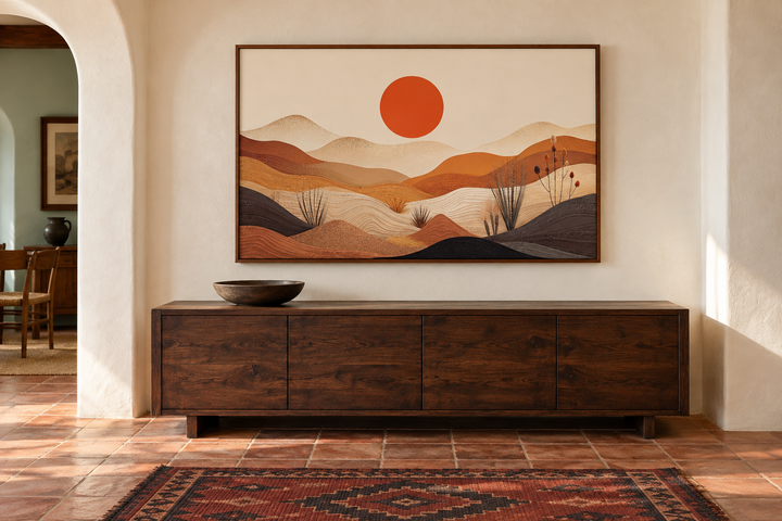 Arizona desert boho landscape canvas wall art with a red sun over rolling hills in a walnut frame.