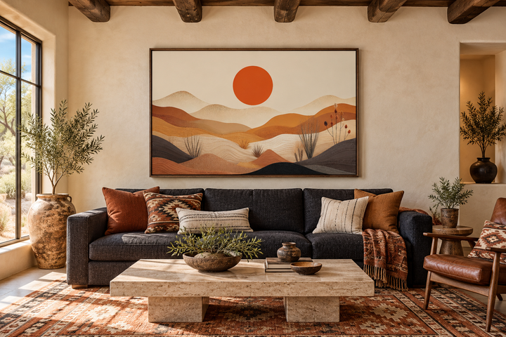 Arizona desert boho landscape canvas wall art with a sun and hills in a southwestern living room.