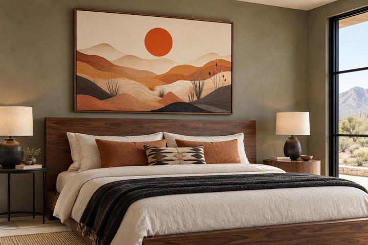 Arizona desert boho landscape canvas wall art in a walnut frame above a bed in a modern bedroom.