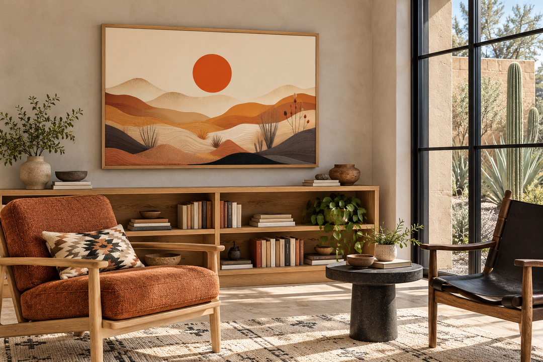 Arizona desert boho landscape canvas wall art with a sun and hills in a modern sunroom.