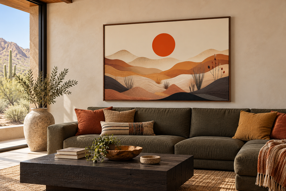 Arizona desert boho landscape canvas wall art with a sun and hills above a green sectional sofa.