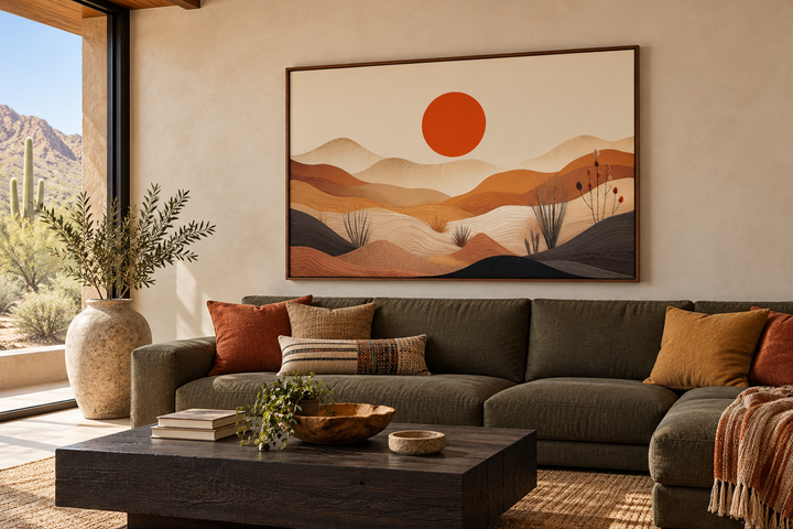 Arizona desert boho landscape canvas wall art with a sun and hills above a green sectional sofa.
