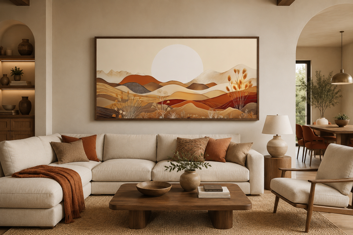 Boho desert landscape framed canvas wall art in neutral earth tones above a cream sectional sofa.